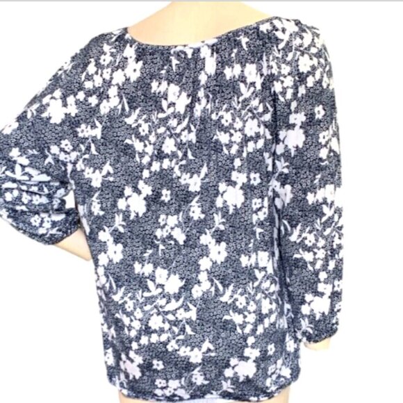 Michael Kors Cotton Modal Floral Peasant Top L Blue & White 134i - Picture 4 of 7